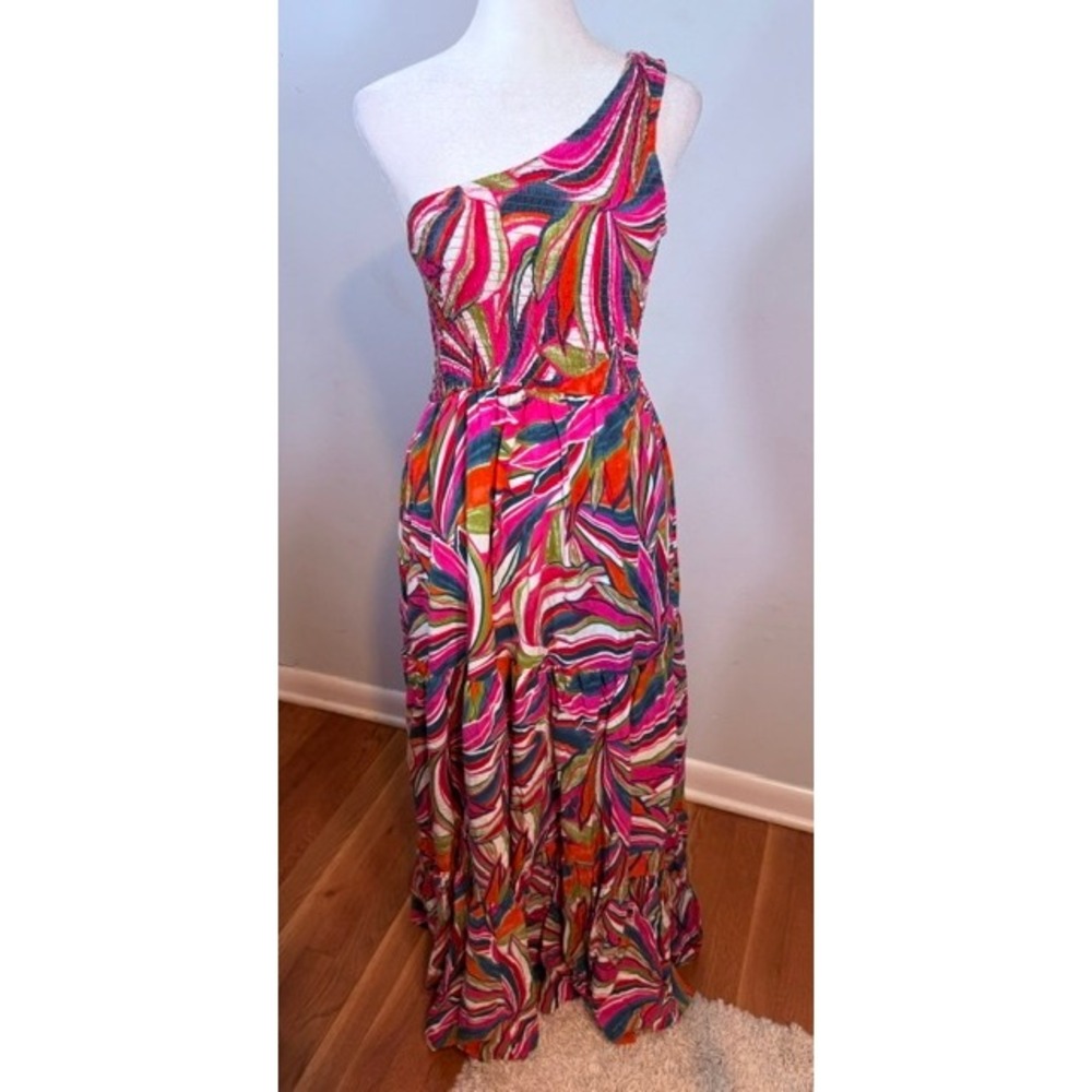 Abel the Label Kelissa One Shoulder Tiered Maxi Dress M Abstract Print Anthro
